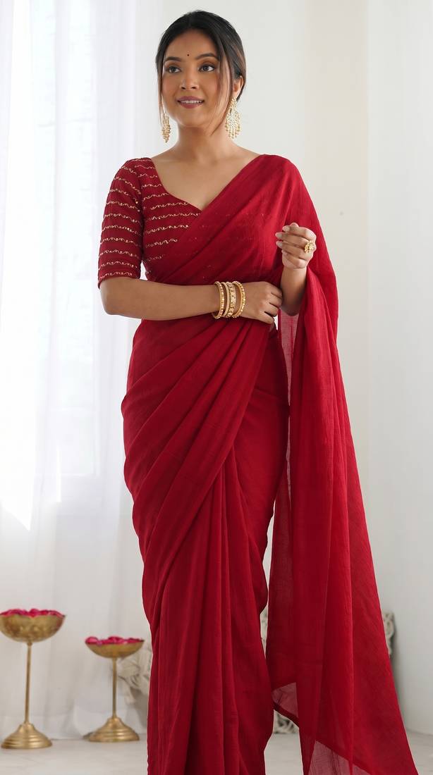 New trendy elegant red solid saree with embellished blouse
