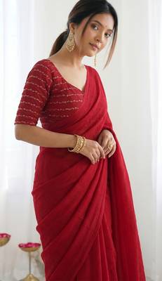 New trendy elegant red solid saree with embellished blouse 3