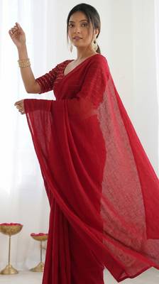 New trendy elegant red solid saree with embellished blouse 4