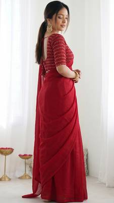 New trendy elegant red solid saree with embellished blouse 5