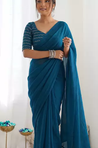 New trendy elegant teal solid saree with embellished blouse