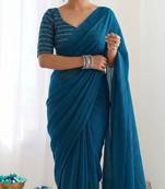 New trendy elegant teal solid saree with embellished blouse