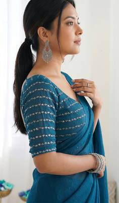 New trendy elegant teal solid saree with embellished blouse 2