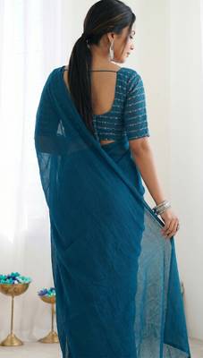 New trendy elegant teal solid saree with embellished blouse 3