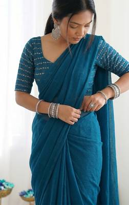 New trendy elegant teal solid saree with embellished blouse 4