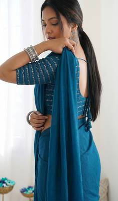 New trendy elegant teal solid saree with embellished blouse 5