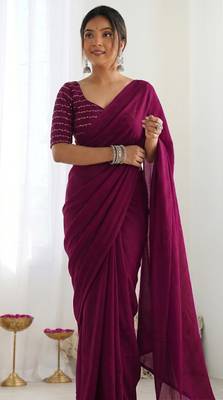 New trendy elegant wine solid saree with embellished blouse 1