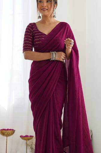 New trendy elegant wine solid saree with embellished blouse
