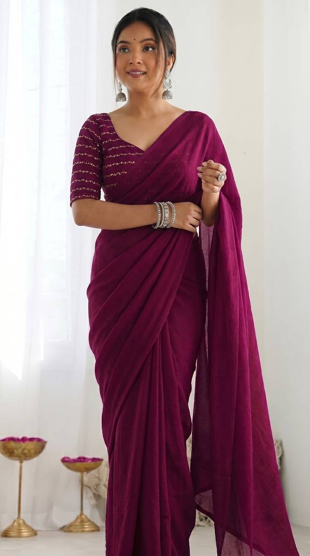New trendy elegant wine solid saree with embellished blouse