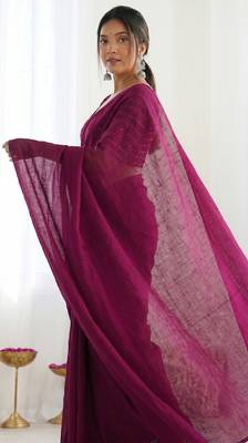 New trendy elegant wine solid saree with embellished blouse 3