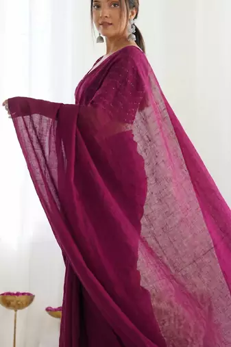 New trendy elegant wine solid saree with embellished blouse