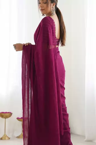 New trendy elegant wine solid saree with embellished blouse