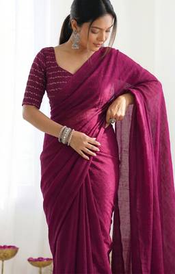 New trendy elegant wine solid saree with embellished blouse 5