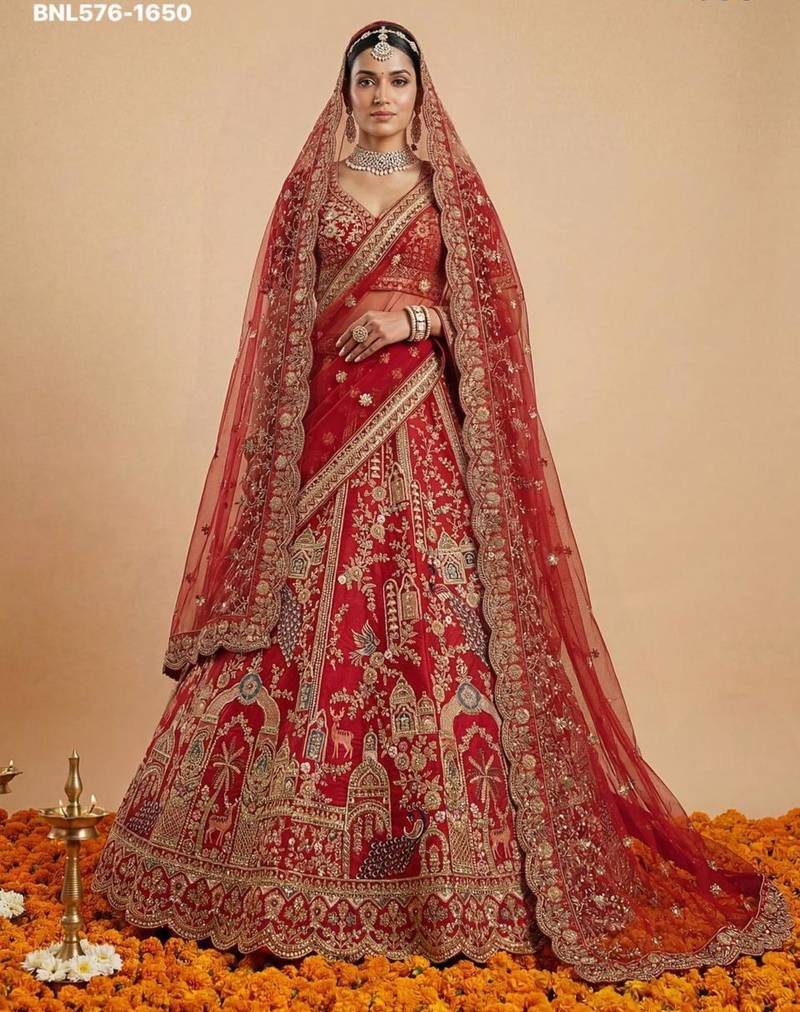 red silk embroidered lehenga choli