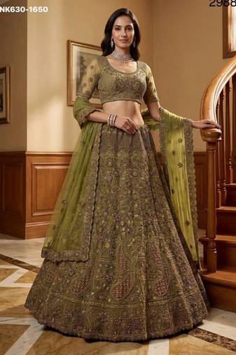 olive net embroidered lehenga choli