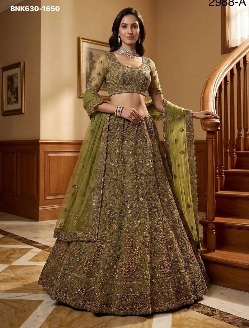 olive net embroidered lehenga choli