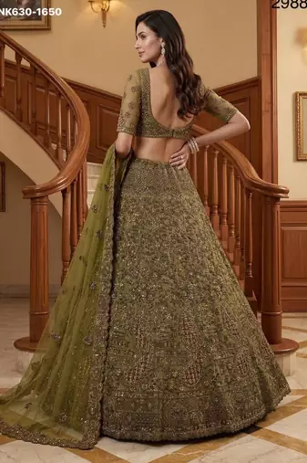 olive net embroidered lehenga choli