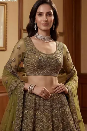 olive net embroidered lehenga choli