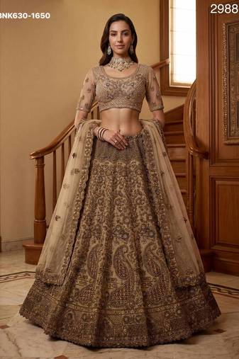 beige net embroidered lehenga choli