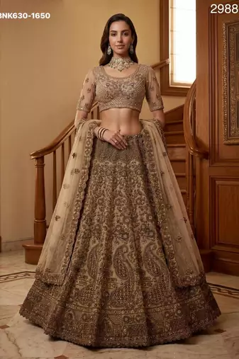 beige net embroidered lehenga choli
