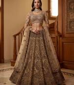 beige net embroidered lehenga choli