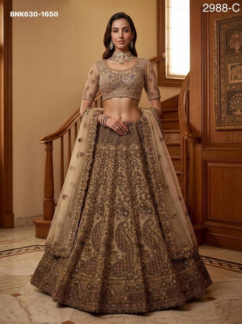 beige net embroidered lehenga choli