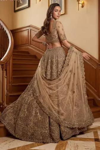 beige net embroidered lehenga choli