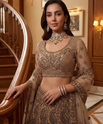 beige net embroidered lehenga choli 4