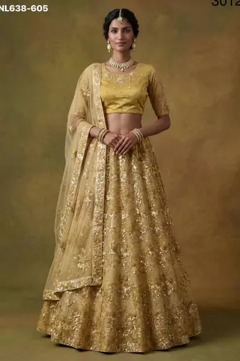 mustard net embroidered lehenga choli