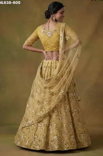 mustard net embroidered lehenga choli