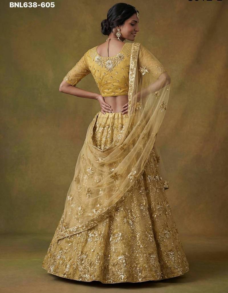 mustard net embroidered lehenga choli