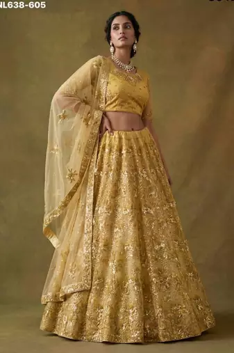 mustard net embroidered lehenga choli