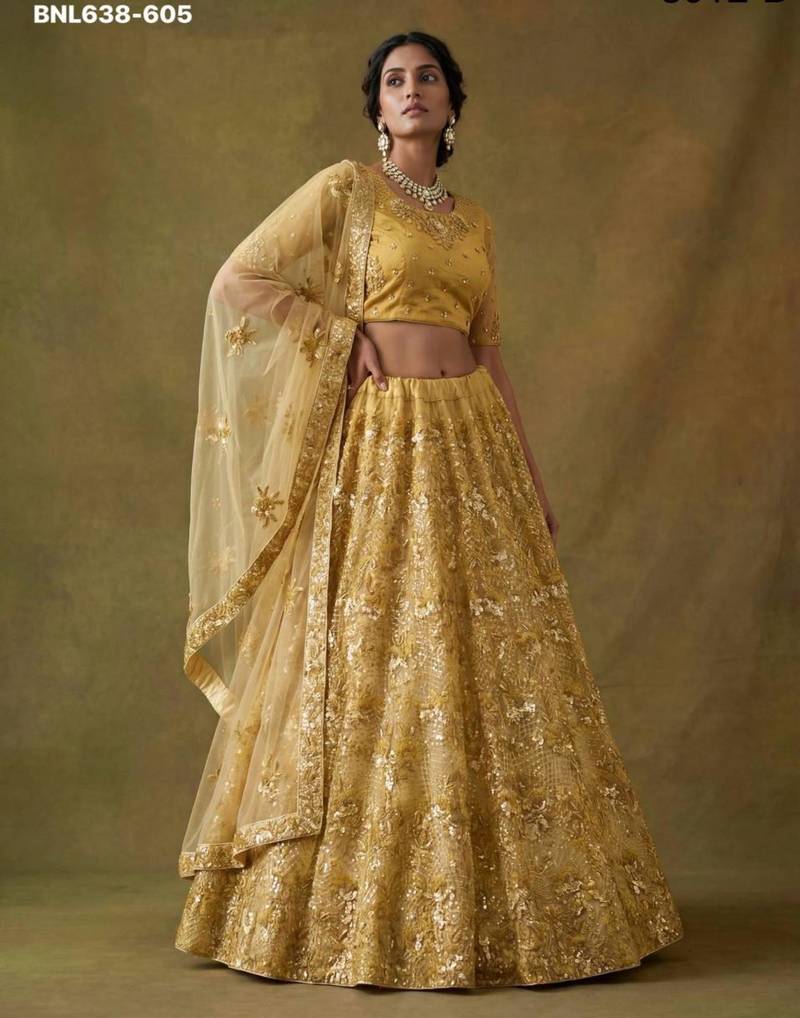 mustard net embroidered lehenga choli