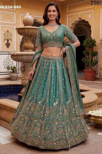teal green silk blend embroidered lehenga choli