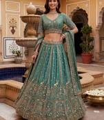 teal green silk blend embroidered lehenga choli
