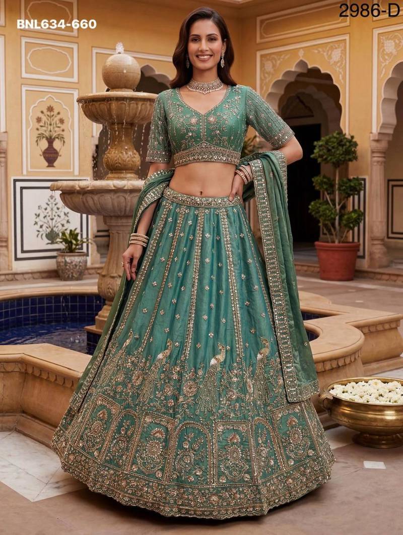 teal green silk blend embroidered lehenga choli