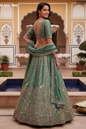 teal green silk blend embroidered lehenga choli