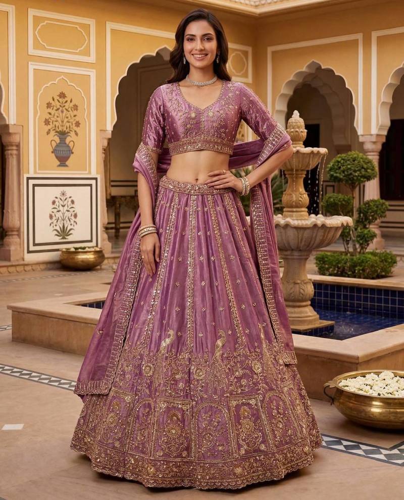 mauve silk blend embroidered lehenga choli