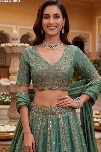 teal green silk blend embroidered lehenga choli