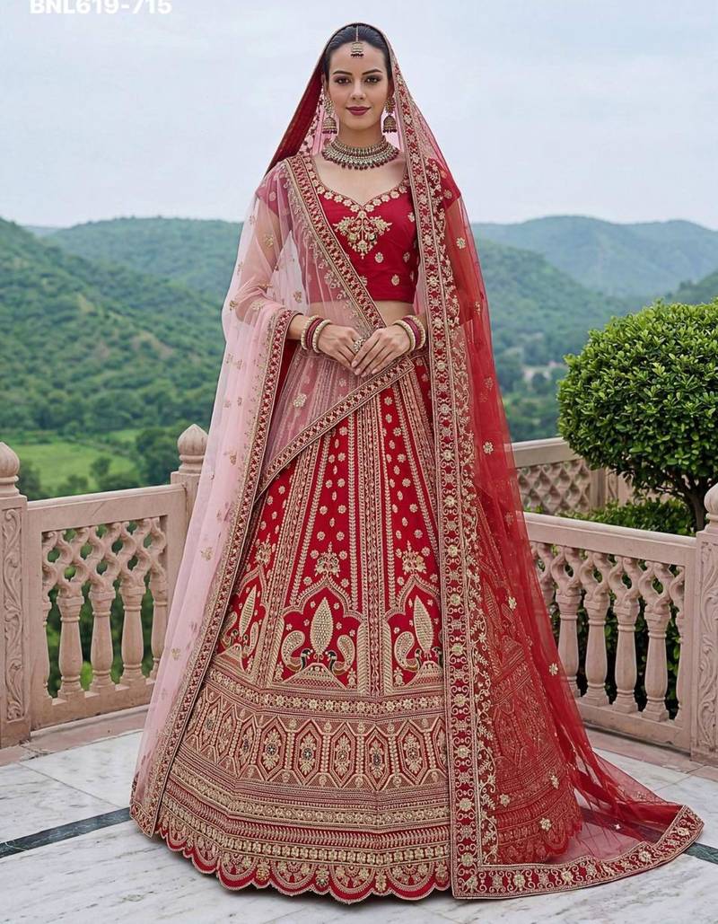 red silk blend embroidered lehenga choli