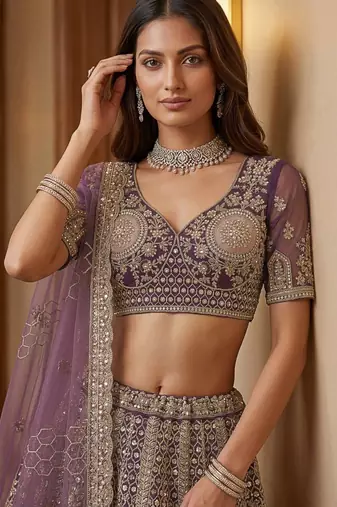 mauve net embroidered lehenga choli