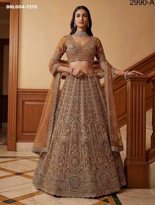 brown net embroidered lehenga choli 1