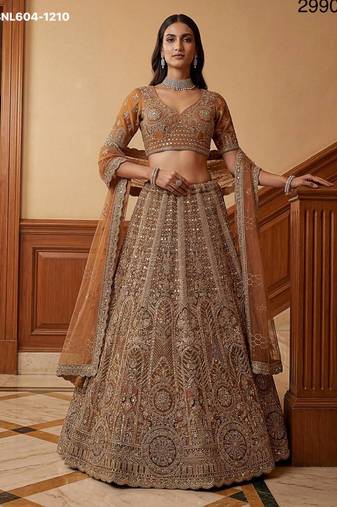 brown net embroidered lehenga choli