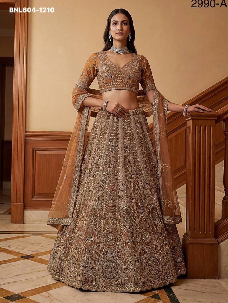brown net embroidered lehenga choli