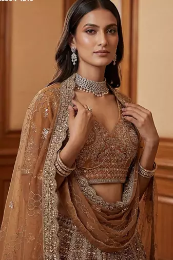 brown net embroidered lehenga choli