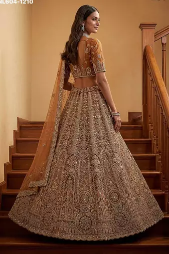 brown net embroidered lehenga choli