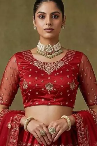 dark red net embroidered lehenga choli