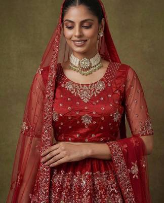 dark red net embroidered lehenga choli 5