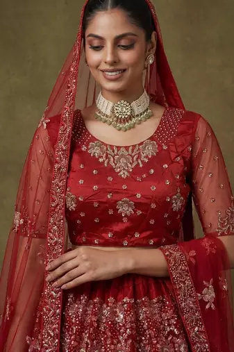 dark red net embroidered lehenga choli