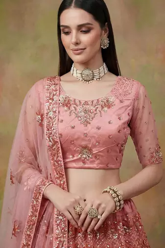 pink net embroidered lehenga choli